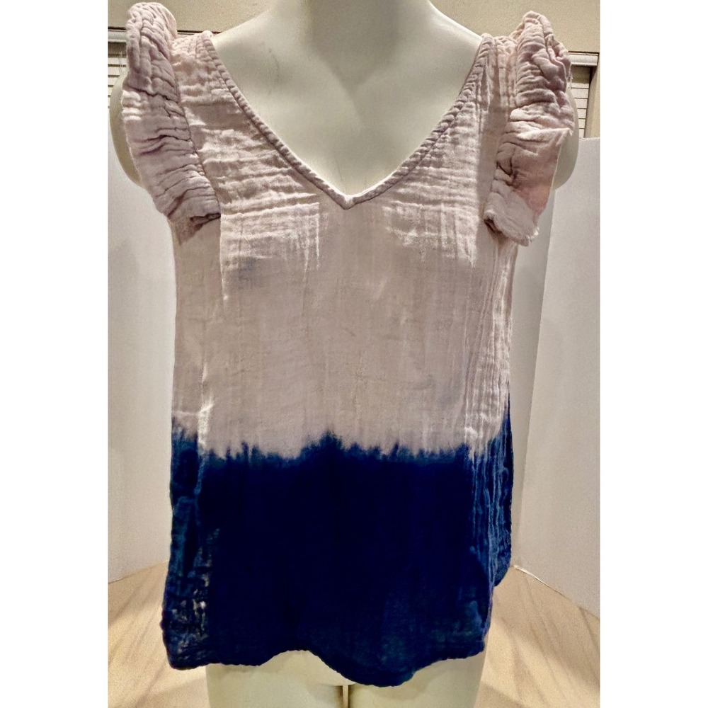 THML Womens XS Pink Blue Tie Dye Gauze Ruffle Sleeve V-Neck Top SRT1167-LB